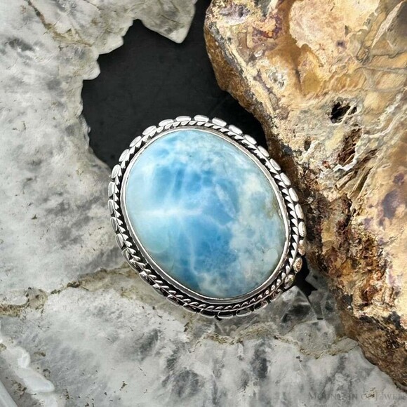 Jewelry - Sterling Silver Southwestern Style Oval Larimar Decorated Bar Ring S 7 For Women